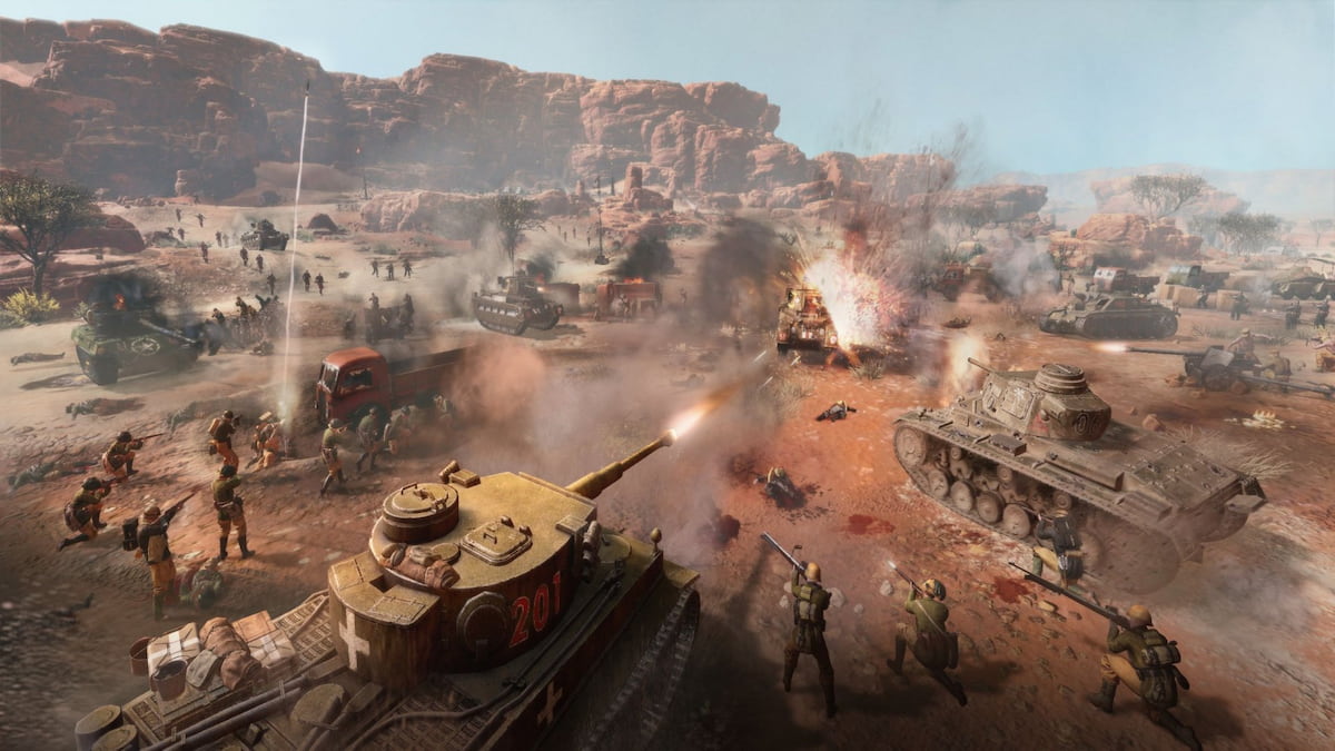 Company of Heroes 3 wallpaper featuring multiple soldiers fighting in the African Campaign of World War 2. There are multiple tanks, troops, running around attacking each other.