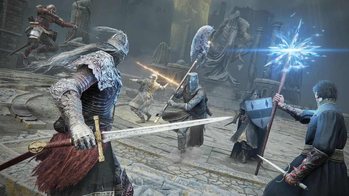 Six warriors fight each other in the Colosseum DLC for Elden Ring. Four fighters are swordspeople, one is an archer, and the last is a mage.