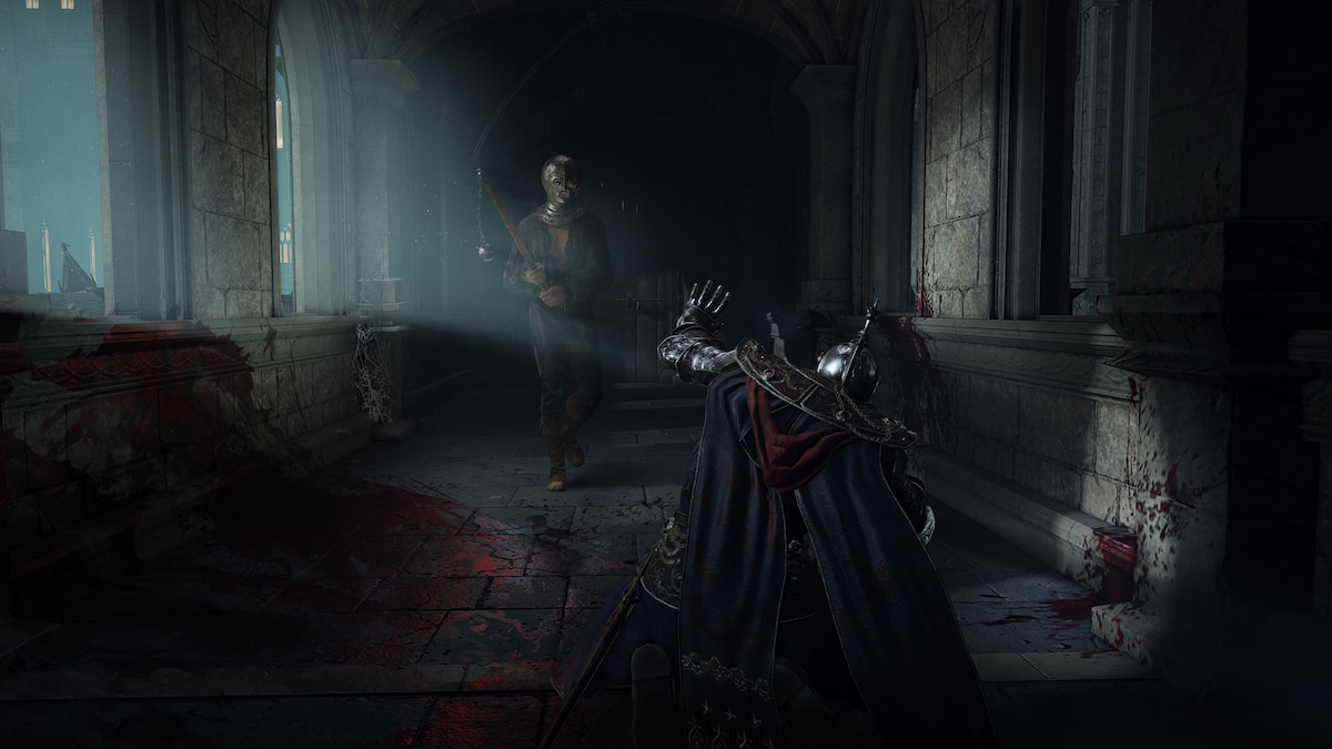 A warrior in an iron mask walks up to the player character of Elden RIng. The player is holding their hand up, holding not to die, while the masked killer holds a spiked mace. Blood is around them.