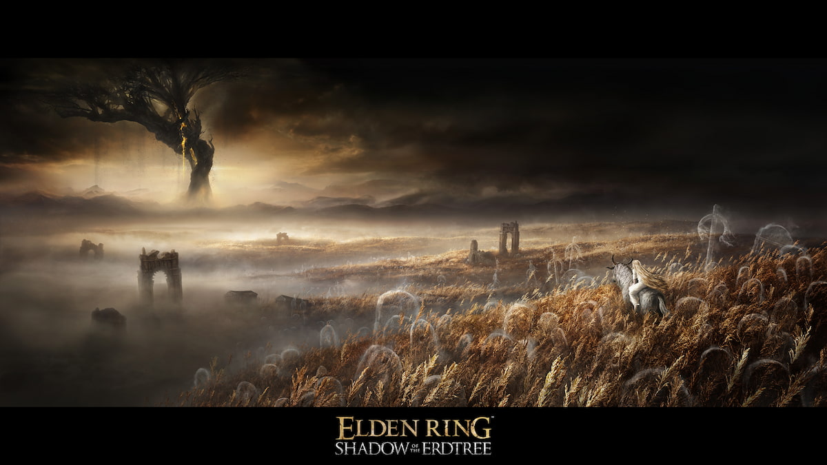 The player character rides a mount over what looks to be a field of wheat and ghostly images. They look to a giant tree in the background. This is the image for Elden Ring's Shadow of the Erdtree DLC