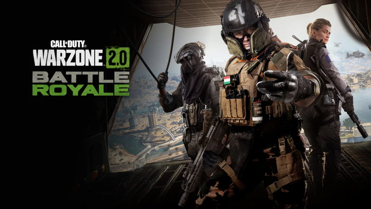 There are three soldiers on a plane getting ready to jump out. One is calling the viewer forward, another looks back at the viewer, and the third is ignoring it all. The side says Call of Duty Warzone 2.0 Battle Royale