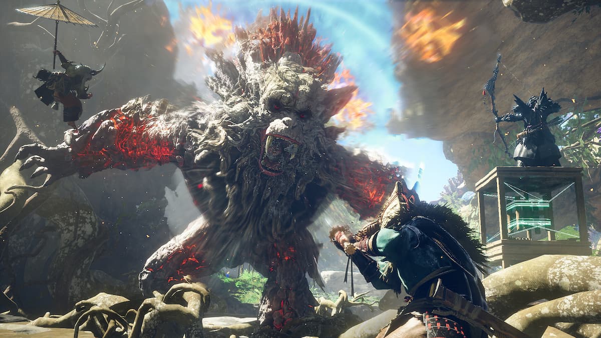 A giant rock fire monster from Wild Hearts screaming at a swordsman. A warrior drops from above with an umbrella to sneak attack. A third warrior stands on top of a glass box and is aiming a bow at the monster.