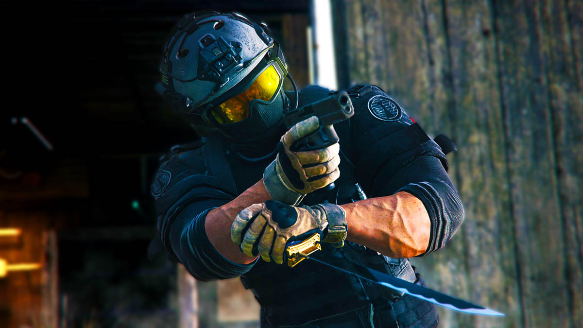 A Call of Duty operator aiming forward but slightly to his left with a pistol. he also carries a knife in his other hand.