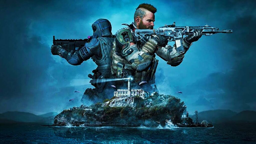 Two operators in Call of Duty Black Ops 4 Blackout aiming in opposite directions. They are over an island.