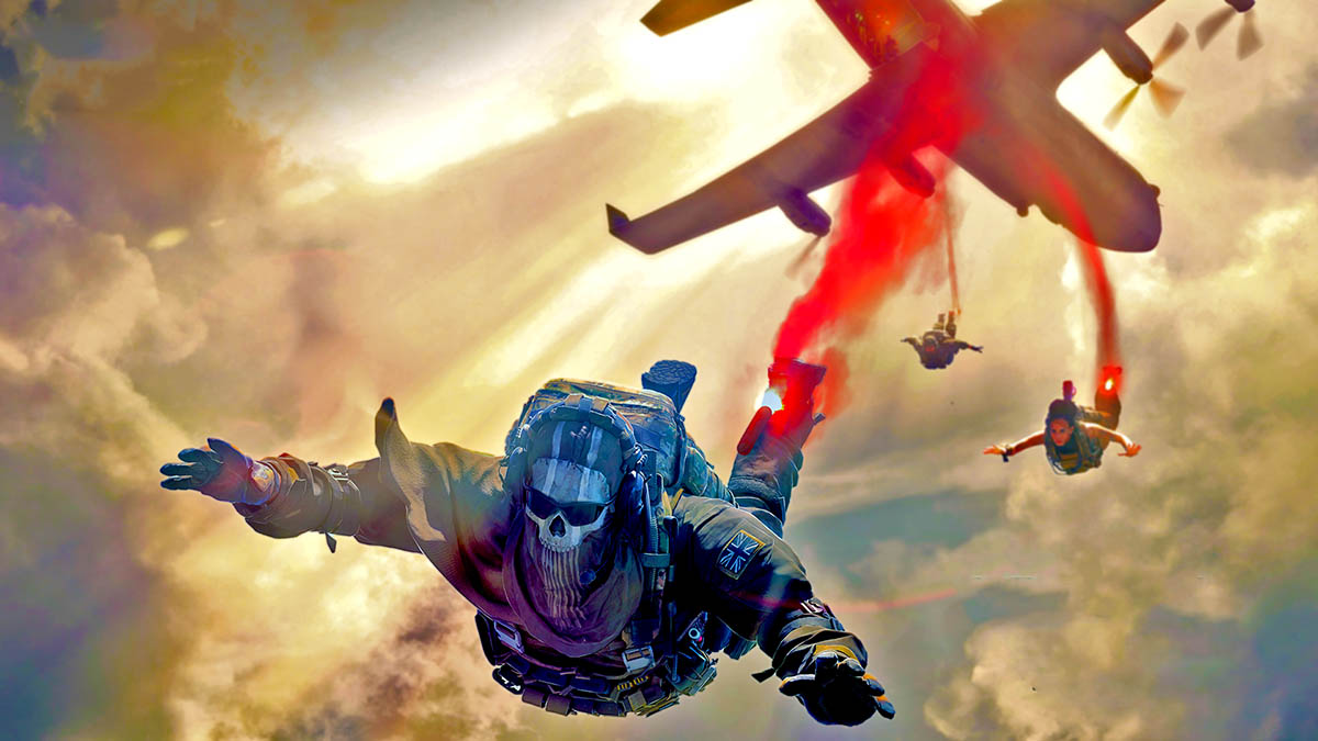 Operatives from Call of Duty Mobile Warzone jumping from a plane with red gas following them.