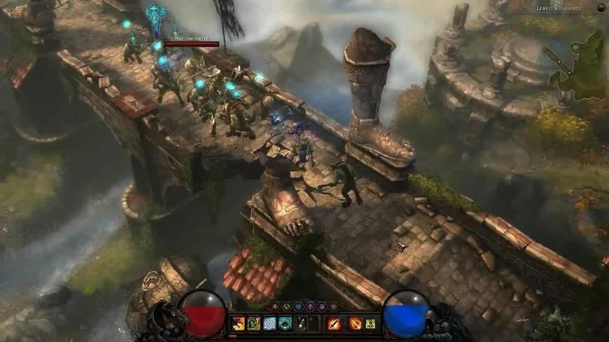 Diablo 3 characters fighting on a bridge, about to attack charging enemies