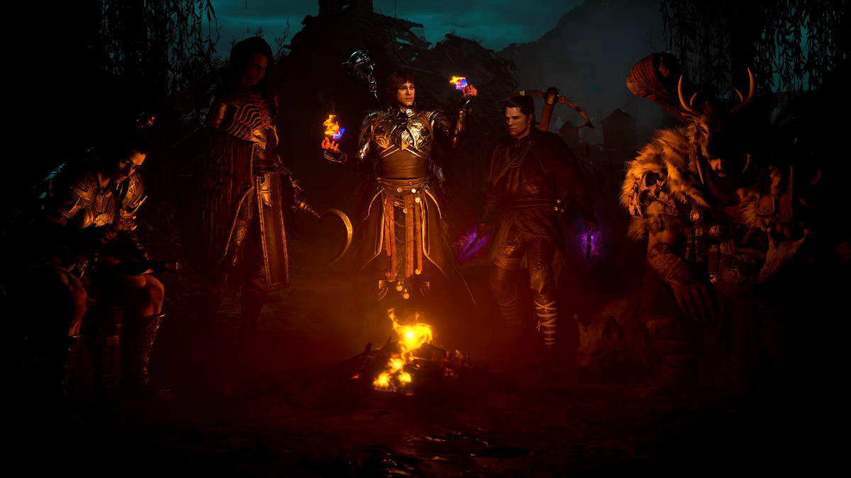 Characters of different classes from Diablo 4 posing around a fire.