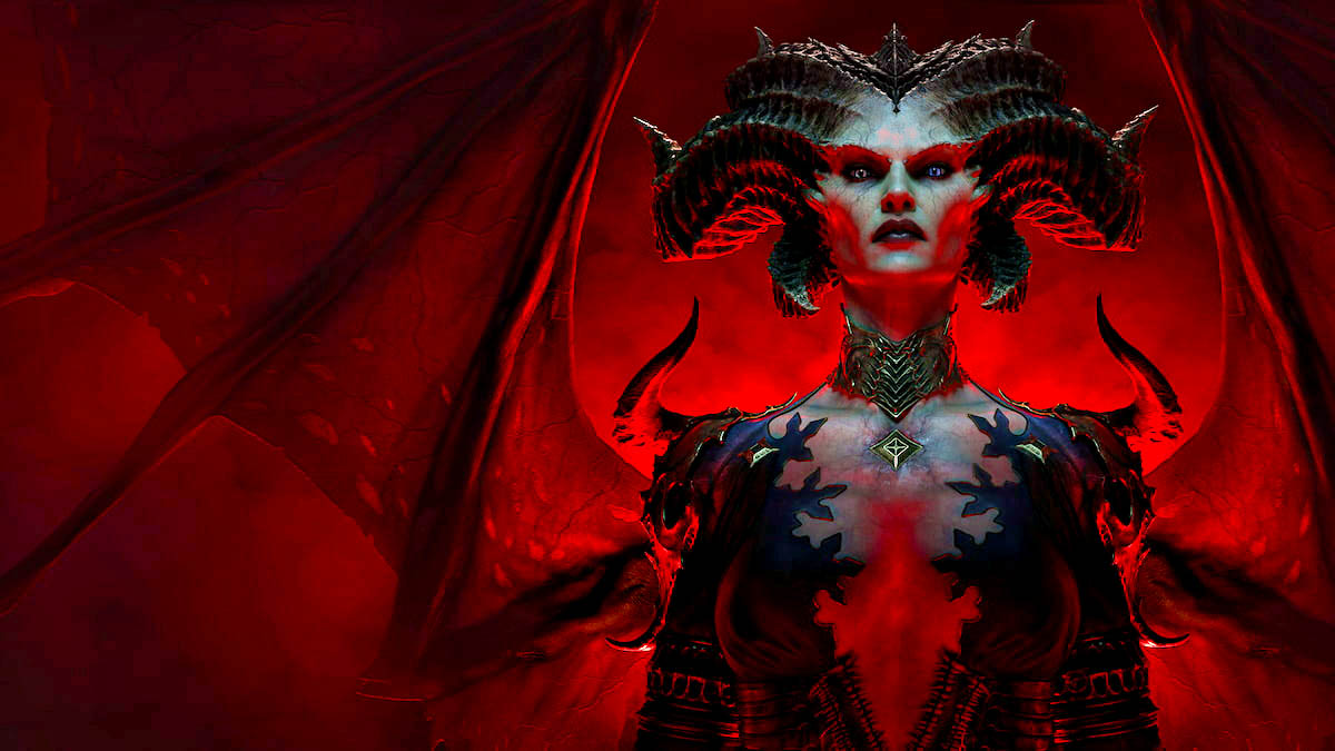 A close up of Lilith and her wings from Diablo 4.