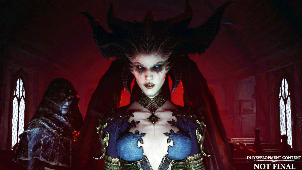 Lilith from Diablo 4 rendered in the game engine, looking at the camera.