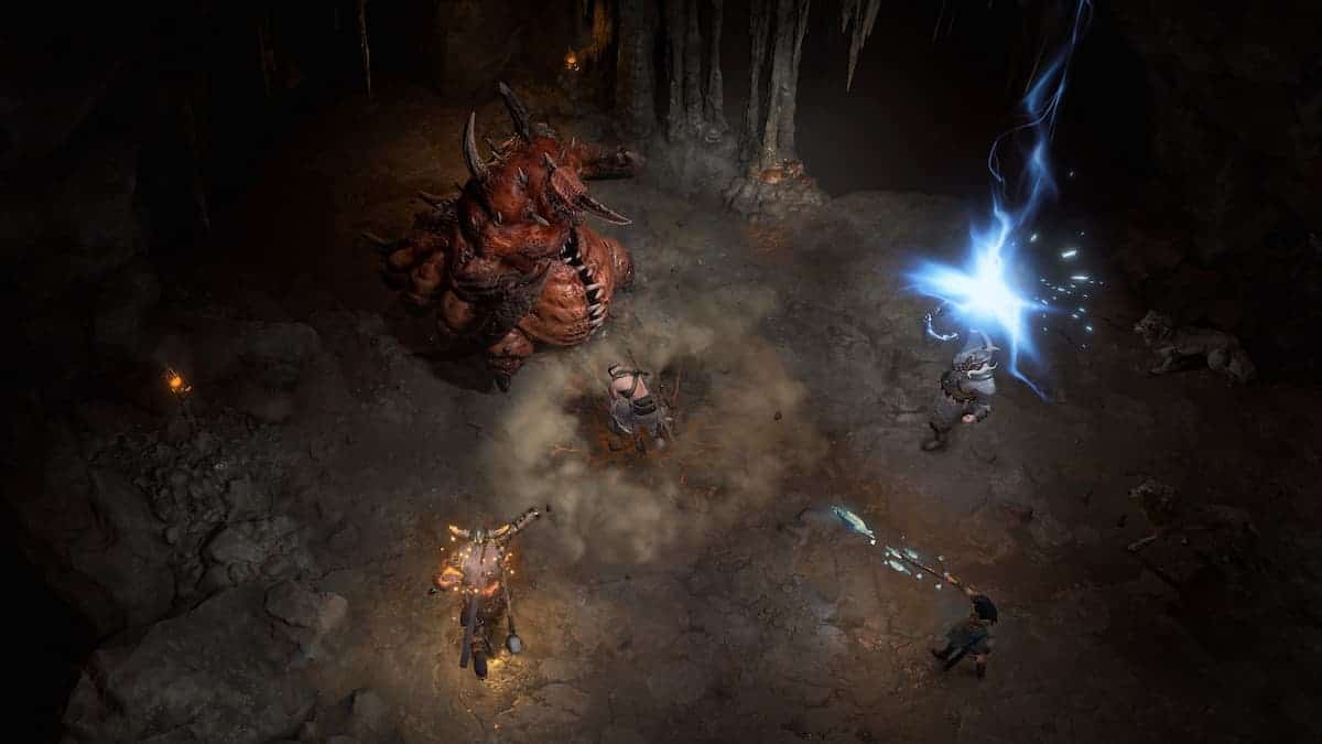 A screenshot from Diablo 4 showing four party members about to take on a massive red demon monstrosity