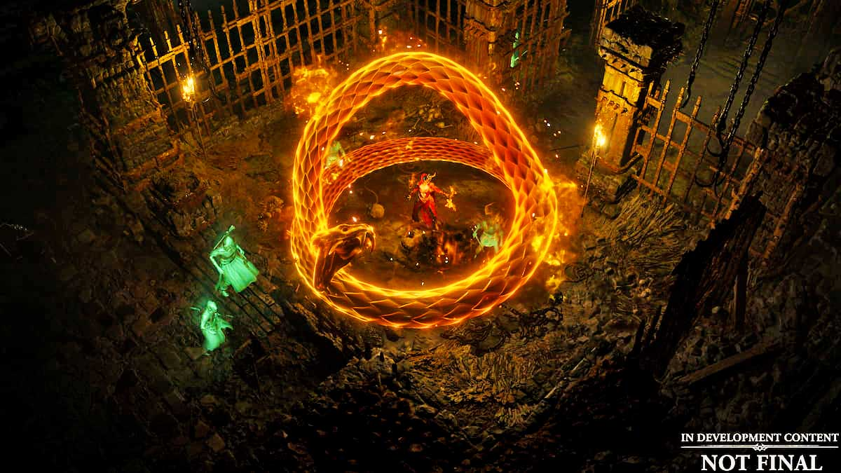 A player in Diablo 4 fights enemies in a dungeon while casting a giant glowing snake spell.