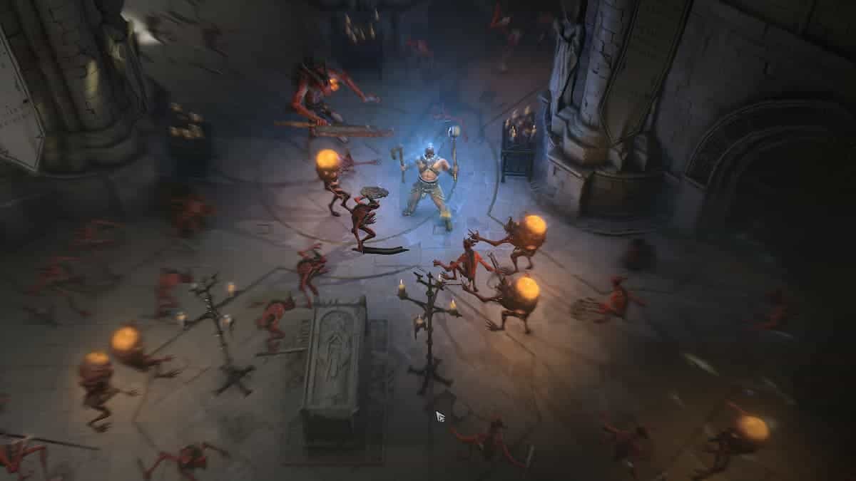 A screenshot from Diablo 4 showing a warrior showing in defiance against the many demons about to swarm them.