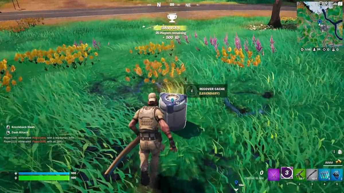 A Fortnite player about to recover a Combat Cache containing legendary loot