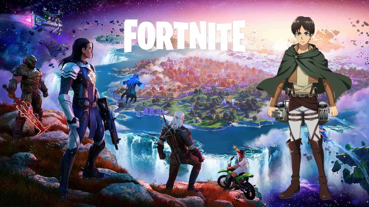 Geralt of The Witcher and the main protagonist of Fortnite Chapter 4 Season 1 stands looking at the island, with Eren Yeager from Attack on Titan looking at them.