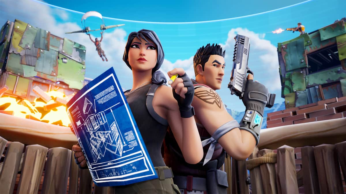 Characters from Fortnite posing, the female is holding a blueprint, when the male is holding a pistol in the air, as another character glides in from the sky.