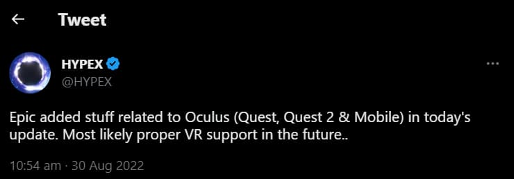 A tweet from well known Fortnite leaker Hypex, claiming VR support is coming