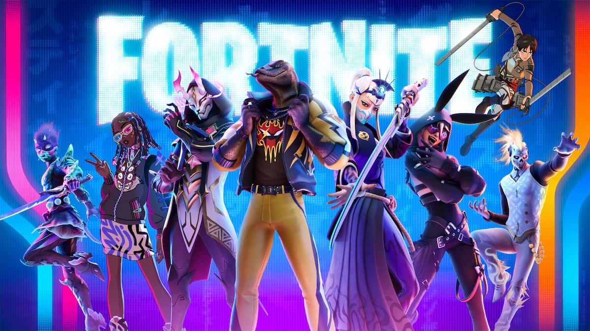 Fortnite characters posing in front of the Fortnite Logo