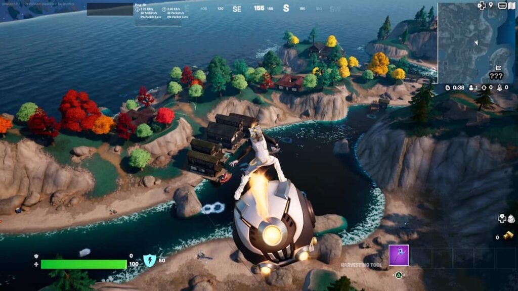  top-down view of Knotty Knots, a small fishing village in Fortnite Chapter 4 Season 2. The village is located on an island with fishing spots, and there are a few small buildings scattered throughout the area.