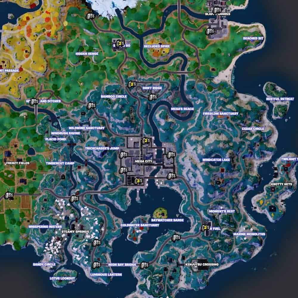 A map of all Rogue Bike locations in Fortnite, shown by small bike stamps throughout