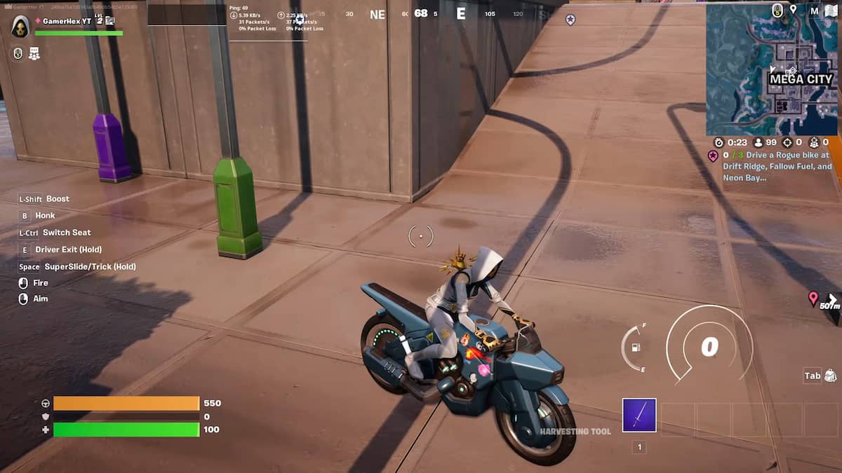 A Fortnite player finding a Rogue Bike and about to ride it in Fortnite Chapter 4 Season 2