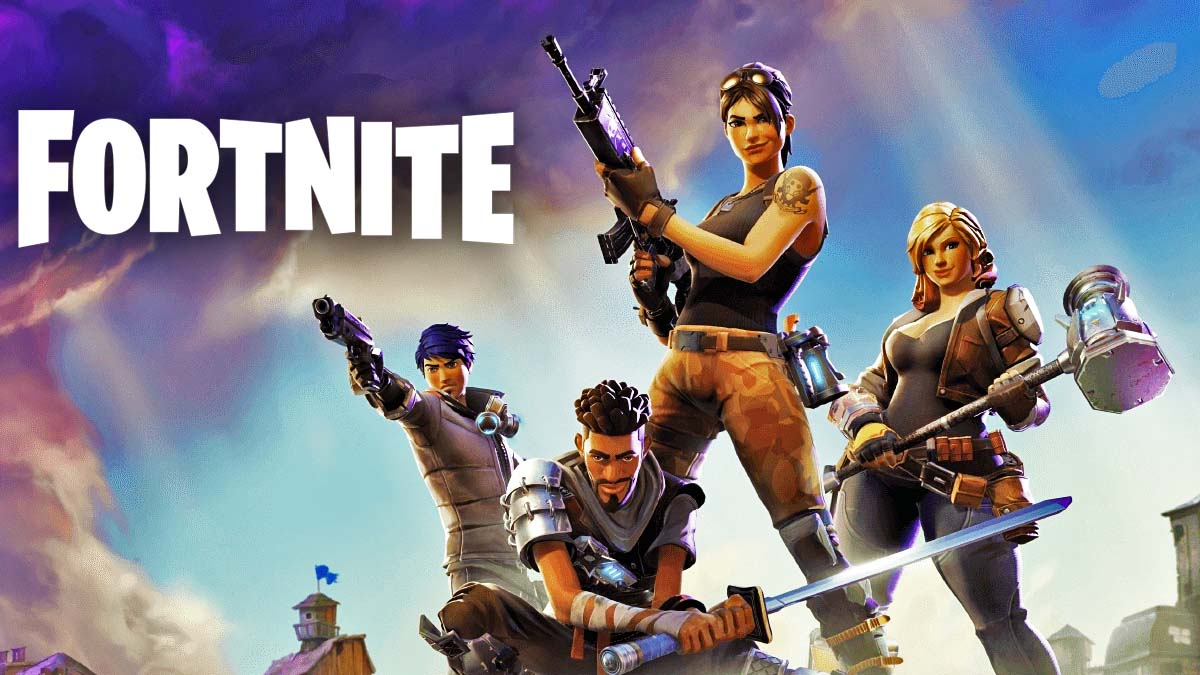 The original Fortnite: Save The World image with four people with weapons. The Fortnite logo has been added in.