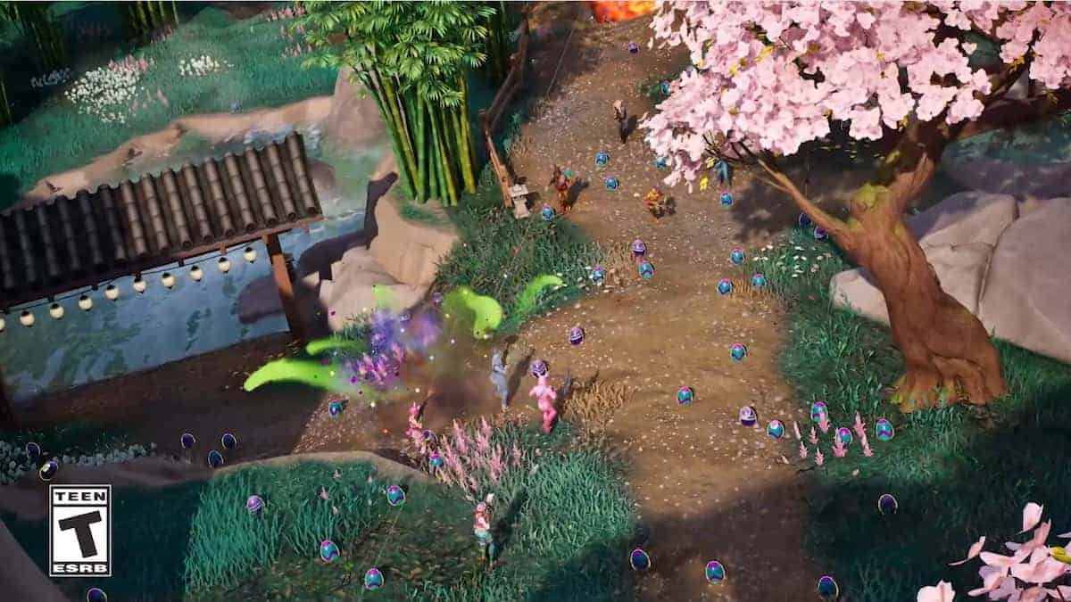 An image showing Fortnite characters fighting over lots of colored eggs over the ground due to an easter event happening called Spring Breakout.