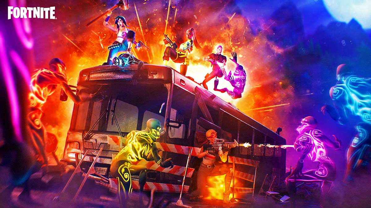 A bunch of players on a bus shooting at zombies in Fortnite.