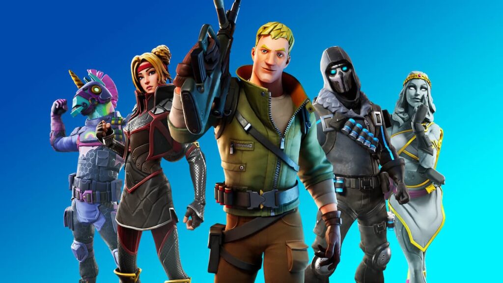 Characters from Fortnite standing in a line, including popular skins and costumes from the game