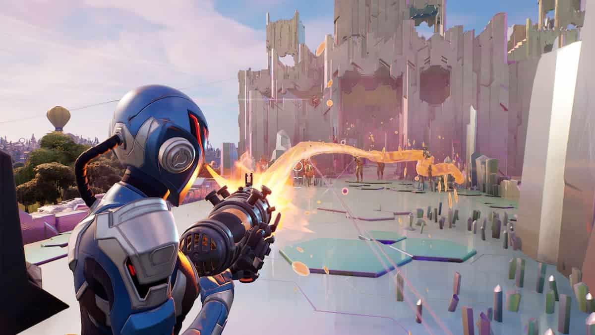 Image of a space-suited character firing a goo gun towards a ruined castle in a scene from the popular video game Fortnite.