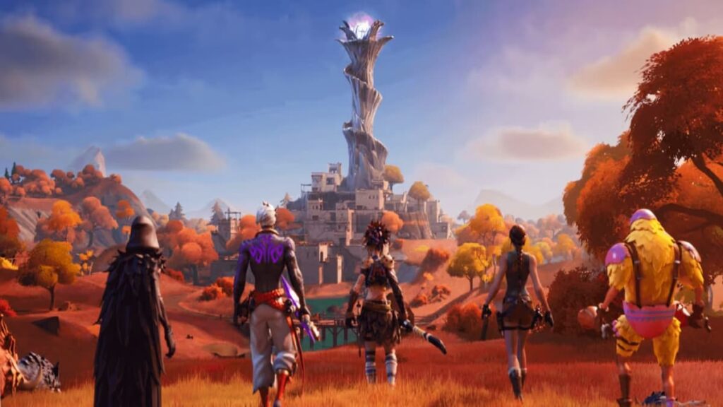 Fortnite characters working towards a giant tower