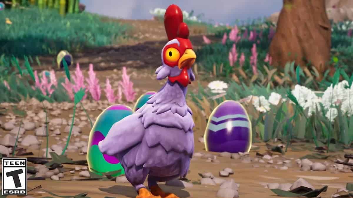 A screenshot of a Fortnite chicken with colorful eggs behind it.