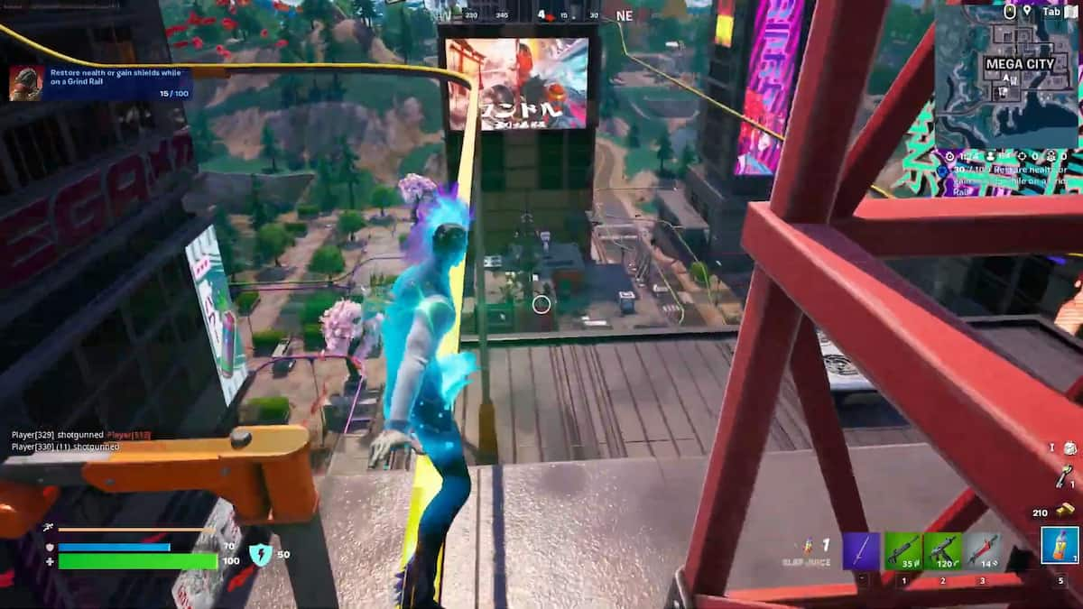 A Fortnite character on a grind rail in Mega City using a healing item to restore health and shields in Chapter 4 Season 2.