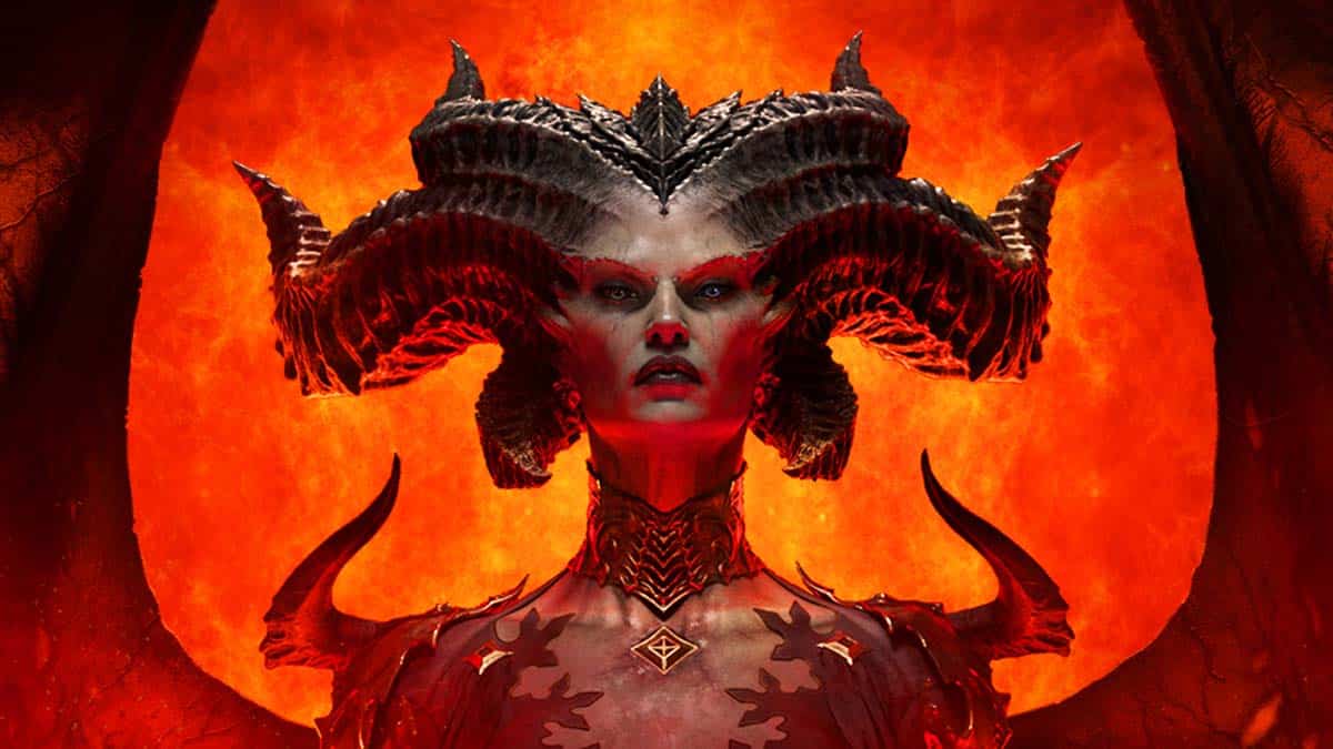 An illustration of Lilith, a character from the video game Diablo 4, standing in front of a fiery backdrop. Lilith is depicted as a tall and slender demoness with long hair, horns, and large wings.