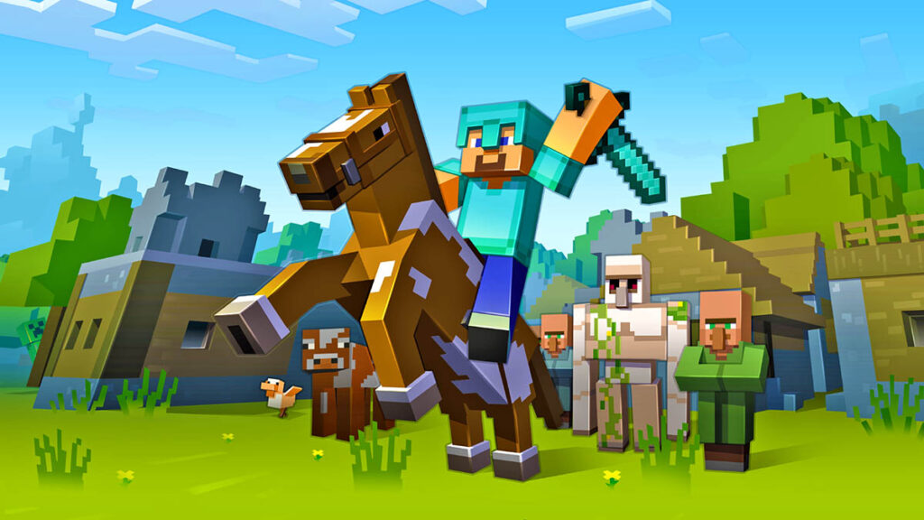 Steve from Minecraft riding a horse in a village.