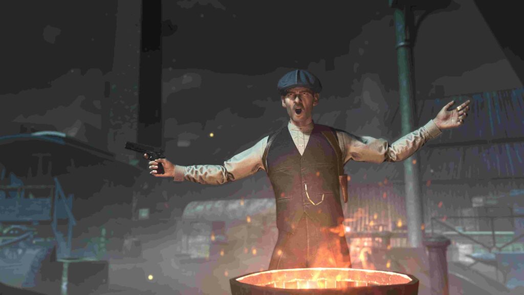 Arthur from Peaky Blinders The King's Ransom near fire barrel.