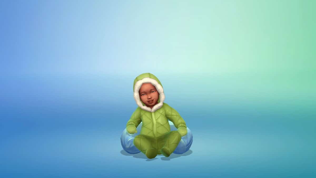 Screenshot of a baby character creation screen in The Sims 4 game, showing various customizable options such as hair color, eye shape, skin tone, and facial features.