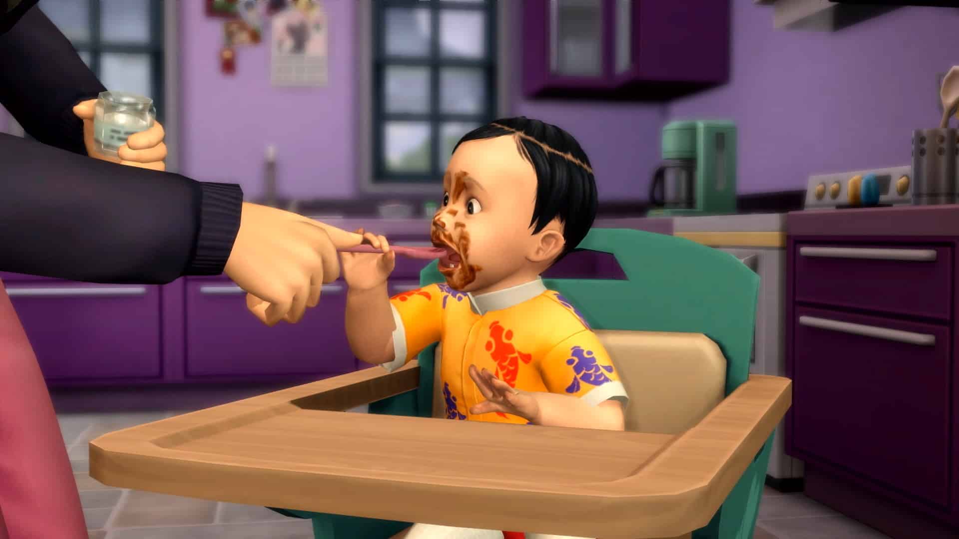 Image of a Sim infant from The Sims 4 game sitting in a chair being fed it with a spoon.