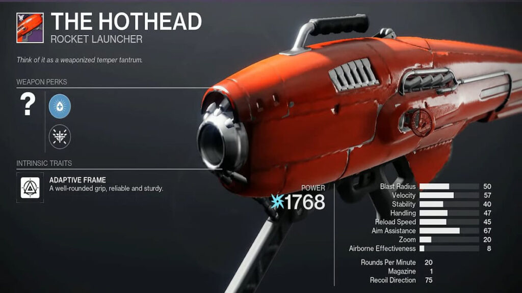 Image of The Hothead weapon in Destiny 2, a legendary rocket launcher with a fiery design that deals heavy damage to enemies.