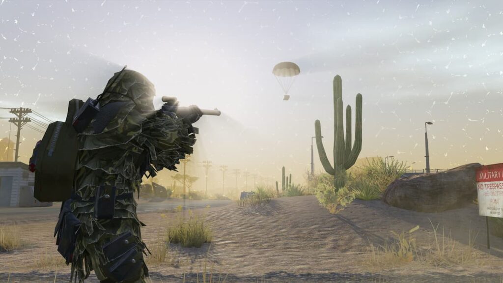 A soldier in combat gear participating in a battle-royale-style shooting match. The soldier is aiming their weapon, ready to engage their opponents.