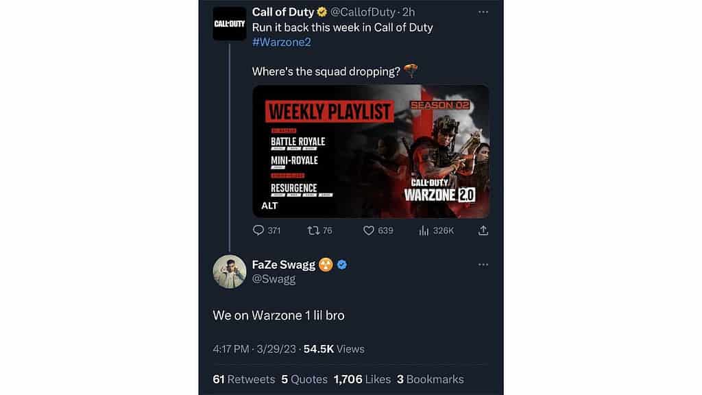 The Call of Duty Twitter telling players to join and Swagg saying no.