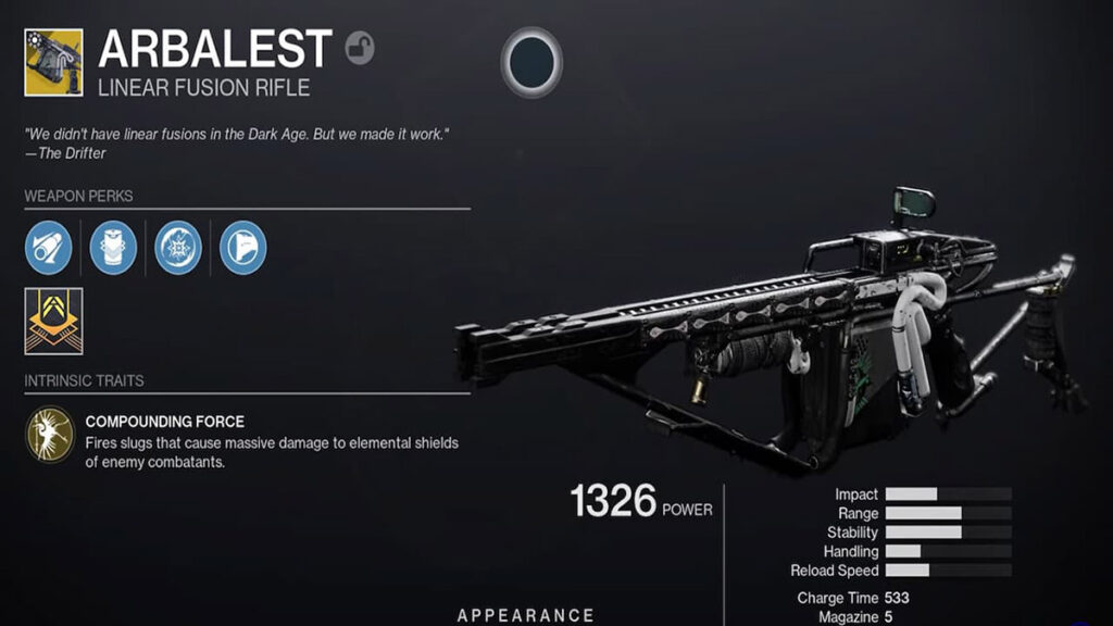 Image of the Arbalest weapon in Destiny 2, a unique exotic linear fusion rifle that can pierce through shields and deal massive damage.