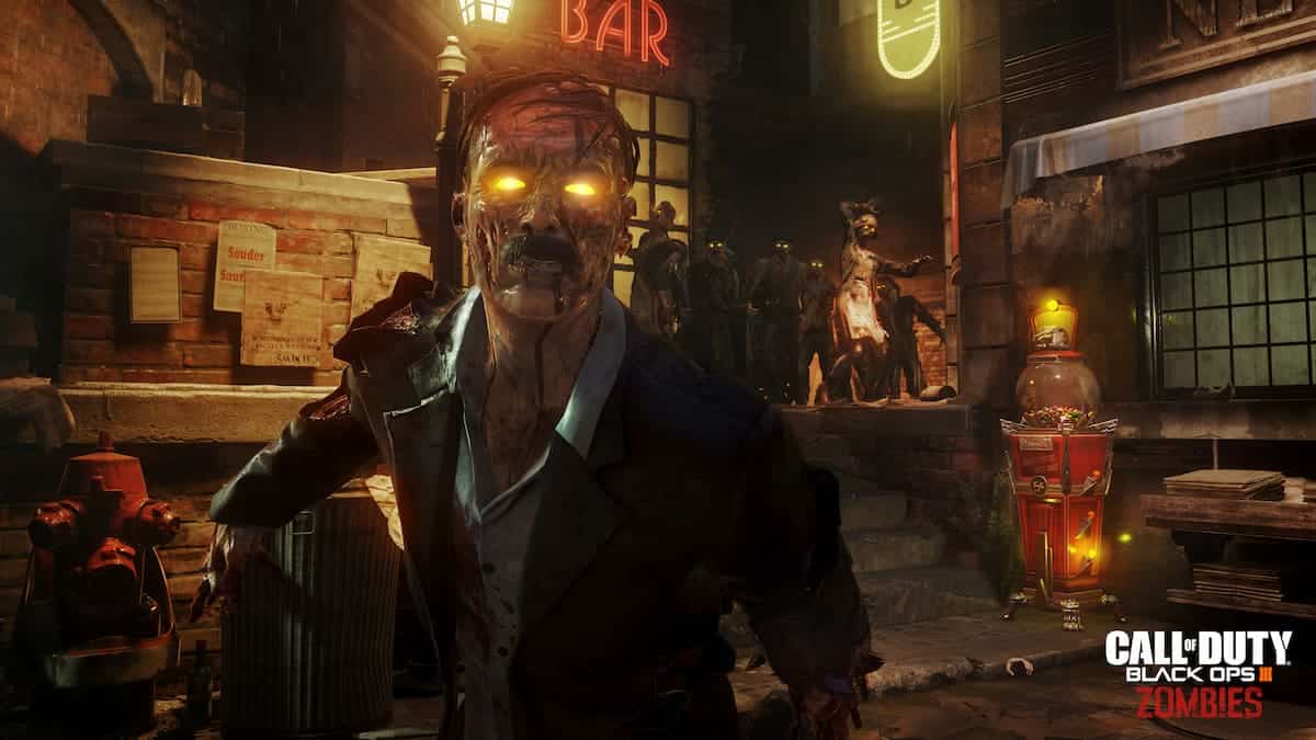 Zombie with a mustache in front of a bar full of zombies.