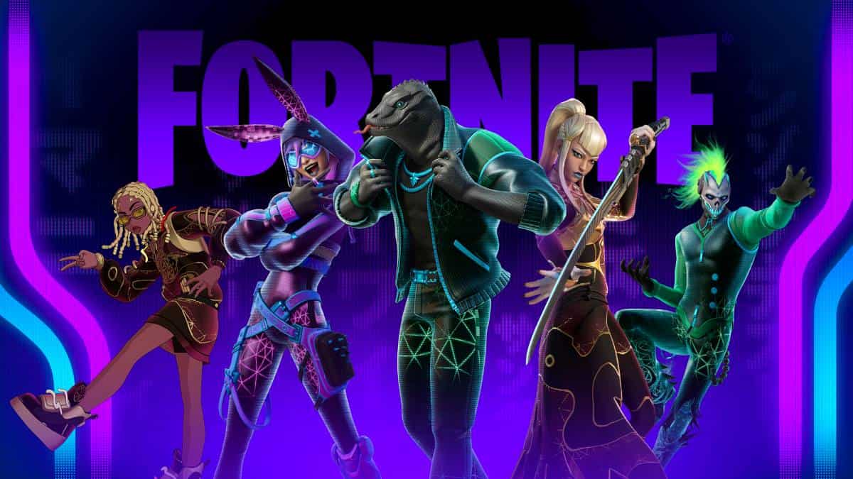 The cast of Fortnite characters pose under the game's title