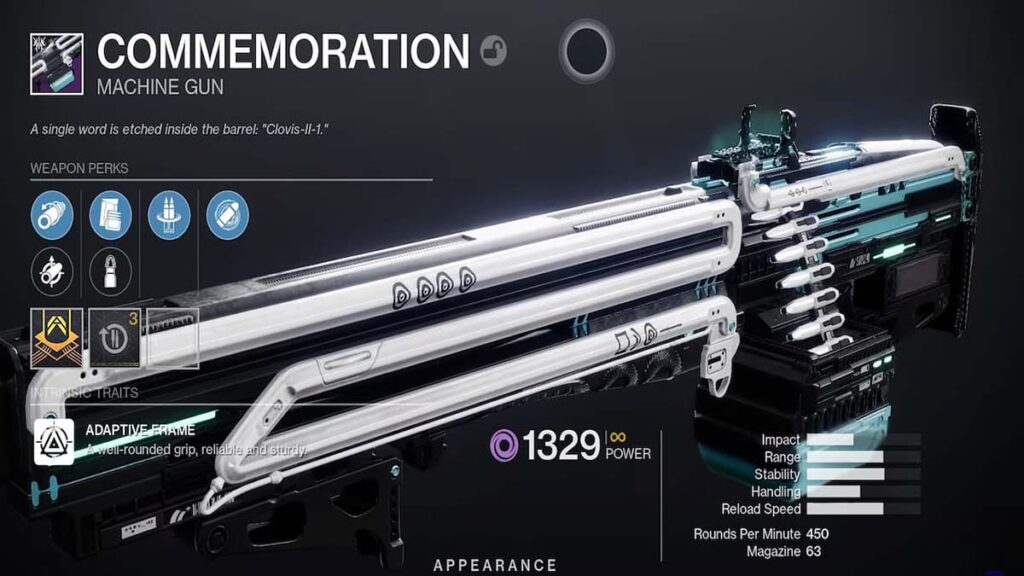 Image of the Commemoration weapon in Destiny 2, a powerful legendary rocket launcher that deals high damage and has a sleek design.