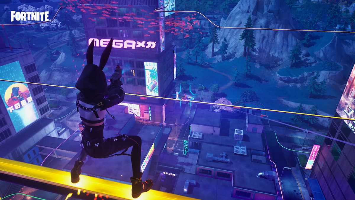 A player in Fortnite wearing the Highwire outfit on a grind rail in MEGA City.