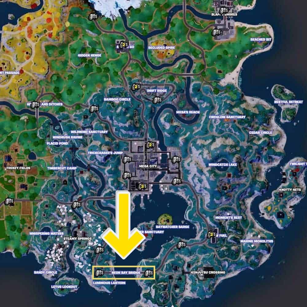 A map showing the location of Neon Bay Bridge in Fortnite