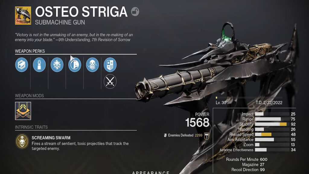 Image of the Osteo Striga weapon in Destiny 2, a legendary pulse rifle that deals high damage and has a unique design.