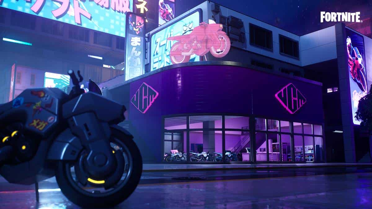 Rogue Bike outside a bike shop at night in Fortnite