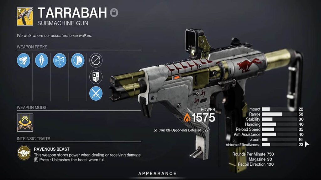 Image of the Tarrabah weapon in Destiny 2, an exotic submachine gun that can store up damage and unleash it in a powerful burst.