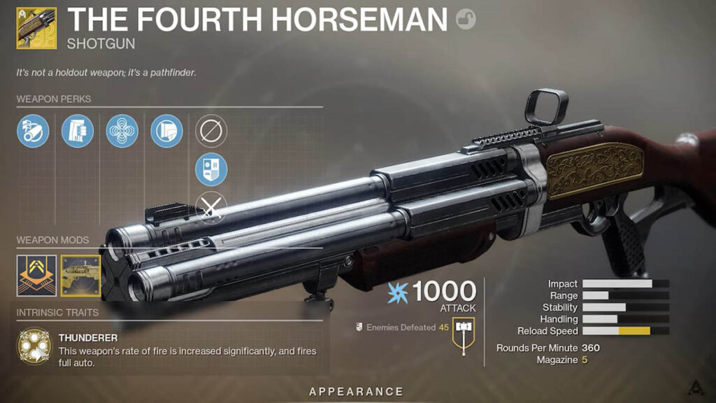 Image of The Fourth Horseman weapon in Destiny 2, an exotic shotgun that can unleash a flurry of bullets and devastate enemies at close range.